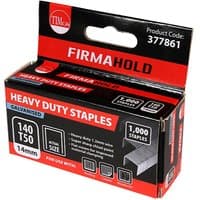 "Black and red TIMCO box containing 1000 chisel point galvanised heavy duty staples, 14mm size, product code 377861"
