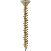 Yellow double countersunk chipboard screw, 4.0 x 40mm, with sharp point and coarse thread, by TIMCO.