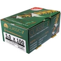 Green box of TIMCO C2 Strong-Fix yellow screws, 4.5x40mm, double countersunk, Pz drive, 200 count.