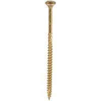 Yellow TIMCO C2 Clamp-Fix screw, 5.0 x 100mm, double countersunk head, sharp tip, spiral threading.