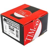 Red and black TIMCO box containing 100 zinc-plated M6 x 12 metric threaded machine screws with pan head.