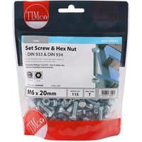 TIMCO 620SNZB set screws and hex nuts, zinc-plated, M6 x 20, in a clear TIMbag with red and white branding.