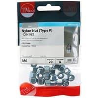 "Pack of 20 Timco 6NPP Nylon Nuts, Type P, Zinc M6, in clear plastic bag with red and white label"