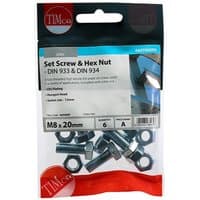 Timco 820SNZP set screws and hex nuts, zinc-plated, M8 x 20mm, in clear plastic packaging with red and blue label.