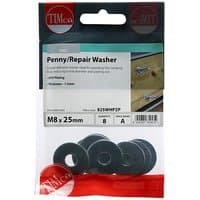 "Pack of zinc-plated TIMCO M8 x 25 penny washers, silver finish, displayed in clear packaging with red and gray branding"