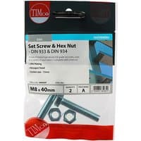 TIMCO set screws and hex nuts, zinc-plated, M8 x 40, in clear packaging with red and blue accents.