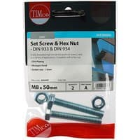 Timco 850SNZP set screws and hex nuts, zinc-plated, M8 x 50mm, in clear packaging with red and white branding.