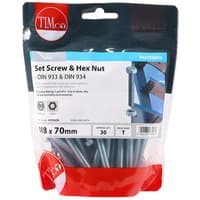 Timco 870SNZB set screws and hex nuts in clear TIMbag, zinc finish, M8 x 70mm, grade 8.8, pack of 30.