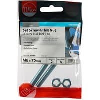 Timco 870SNZP set screws and hex nuts, zinc-plated, M8 x 70mm, in clear packaging with red and white label.