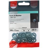 "Pack of 30 TIMCO zinc M8 Form A washers, silver circular metal pieces in clear plastic packaging with red label"
