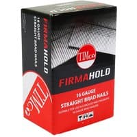 Box of TIMCO Firmahold 16G x 38mm straight galvanised brad nails, red and black packaging with product details.