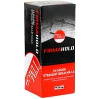 TIMCO Firmahold box of 18G straight stainless steel brad nails, red and black packaging with white text.