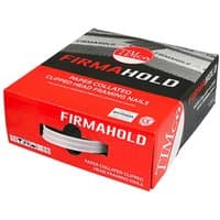 Red TIMCO Firmahold box with collated clipped head nails, ring shank, bright finish, size 3.1 x 75.