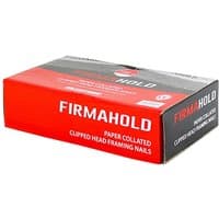 Red and black box of TIMCO Firmahold collated clipped head nails, labeled "Ring Shank - Firmagalv 2.8 X 63".