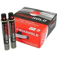 Red and black TIMCO box with Firmahold clipped head nails and two fuel cells, ring shank, hot dipped galvanized.