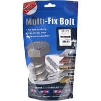 Silver TIMCO masonry bolts with hex head in blue TIMbag packaging, labeled 12.0 x 75 for exterior use.