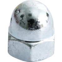 "Zinc-plated hex dome nut M16 with smooth rounded top and hexagonal base, shiny silver finish"