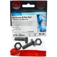 Stainless steel Timco set screws and hex nuts, M10 x 25, in clear packaging with black and red branding.