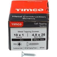 Box of Timco zinc self-tapping screws, Pz countersunk, 4.8x25mm, 200 count, with screw illustration on packaging.