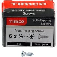 Box of Timco zinc self-tapping screws, Pz countersunk, 6x1/2 inch, 200 pieces, with one screw displayed.