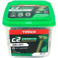 Green-lidded tub of Timco Strong-Fix C2 Countersunk Pozi wood screws with size and quantity details on the label.