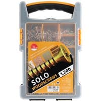 Gray plastic case with handle containing 1200 yellow double countersunk chipboard and woodscrews by TIMCO.