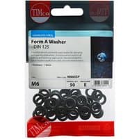 "Pack of 50 stainless steel M6 Form A washers by TIMCO, displayed in a clear plastic bag with red and blue branding"