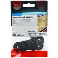 "Pack of 10 stainless steel M6 x 25 penny washers by TIMCO, displayed in a clear plastic bag with red branding."
