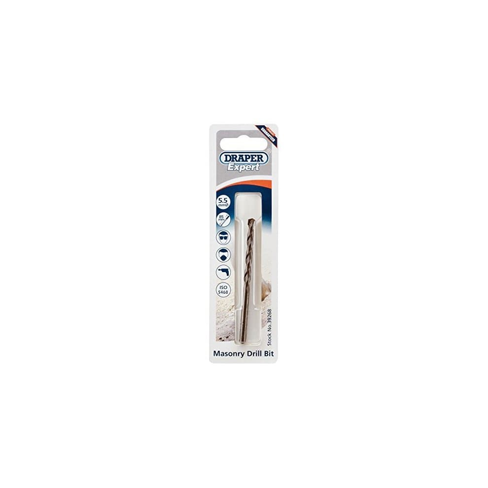 5.5 x 85mm masonry drill bit in a clear plastic packaging, featuring a silver metal shaft with spiral flutes and a blue and red branded label.