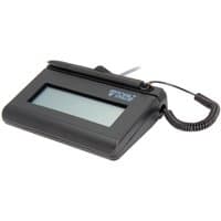 Black Topaz Systems T-L460-HSB-R signature pad with LCD screen and attached stylus on coiled cable.