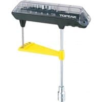Topeak Combo Torq Wrench Set with black handle, clear case, yellow torque indicator, and multiple hex bits.
