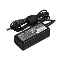 Black Toshiba P000568500 power adapter with a compact design, featuring a textured surface, a coiled cable, and a cylindrical connector tip, rated at 45 W for indoor use.