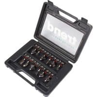 Black plastic case with 12-piece Trend router cutter set, 8mm shank, organized in foam slots, transparent lid.