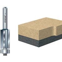 Trend triple flute cutter with silver shaft, 90° angle, and bearing guide, next to a cut wood block sample.