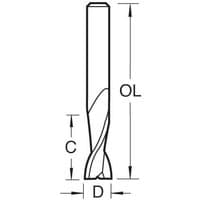 Black and white diagram of Trend aluminium spiral upcut cutter with measurements, cylindrical shape, and spiral design.