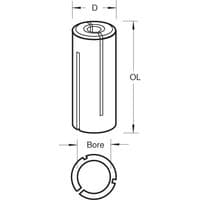 Diagram of Trend collet sleeve, cylindrical shape with slotted sides, labeled dimensions D, OL, and Bore.