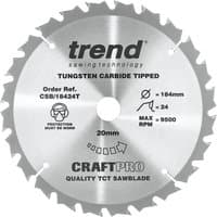 Circular saw blade, 184mm diameter, 24 teeth, silver with black text, Trend branding, tungsten carbide tipped.