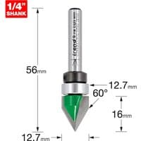 Trend CRAFTPRO groove router cutter, silver shaft, green tip, 60-degree angle, 1/4" shank, bearing guided.