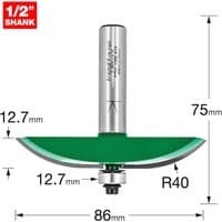 Trend CRAFTPRO router cutter with green blade, large radius, bearing guide, and 1/2" shank, dimensions labeled.