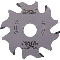 Trend Craftpro biscuit blade, 100mm diameter, 6 teeth, 22mm bore, silver with black text and arrow markings.