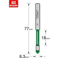 Trend CRAFTPRO router cutter, silver with green tip, 8mm shank, 77mm length, 18mm cutting depth.