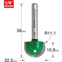 Trend CRAFTPRO Radius Router Cutter, silver shank, green round cutting head, 1/4 inch shank, dimensions labeled.