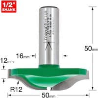 "Trend CRAFTPRO Raised Panel Ogee Router Cutter with green base, silver shank, and engraved measurements"