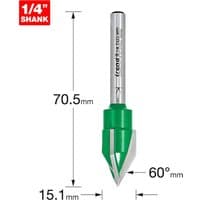 Trend CRAFTPRO Triple Flute Engraver Router Cutter, silver with green base, 1/4" shank, 60-degree angle.
