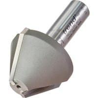 Chamfer router bit with silver cylindrical shank and large 60-degree angled cutting edge by Trend.