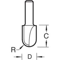 Router bit with 2.5mm radius, 5mm diameter, cylindrical shank, and single cutting edge, by Trend.