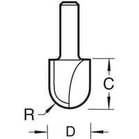 Trend router bit with 9.5mm radius, 19.1mm diameter, silver finish, cylindrical shank, and curved cutting edge.