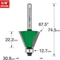 Green and silver Trend chamfer bit with 67.5-degree angle, 22.2mm cut, and 1/4-inch shank.