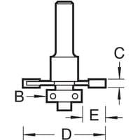 Diagram of Trend Slotting 9.5mm cutter with 1/4 inch shank, labeled dimensions B, C, D, E for precision woodworking.