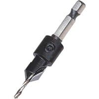Black and silver Trend Snappy TCT drill countersink with hex shank and adjustable depth collar for wood screws.